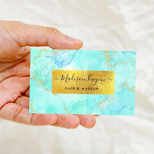 Turquoise Watercolor and faux gold foil  Business Card