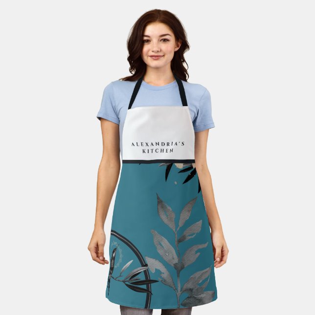 Turquoise Watercolor Black & White Bib Custom Name Apron (Worn)