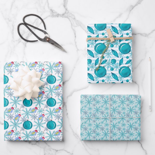 Turquoise Watercolor Christmas Balls and Snowflake Wrapping Paper Sheet (Front)
