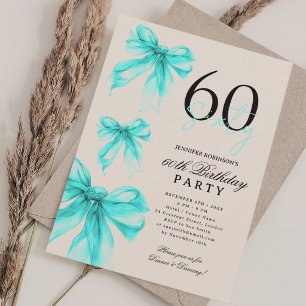 Turquoise Watercolor Coquette Bow 60th Birthday  Invitation
