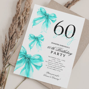Turquoise Watercolor Coquette Bow 60th Birthday Invitation