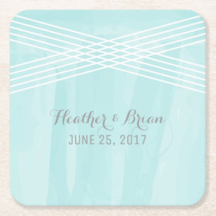 Turquoise Watercolor Deco Wedding Square Paper Coaster