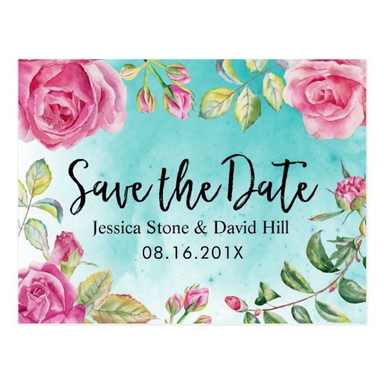 Turquoise Watercolor Floral Wedding Save the Date Postcard