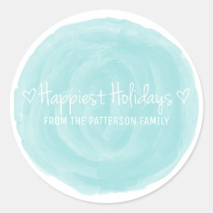 Turquoise Watercolor Happiest Holidays Classic Round Sticker