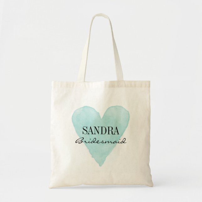 Turquoise watercolor heart bridesmaid tote bags (Front)