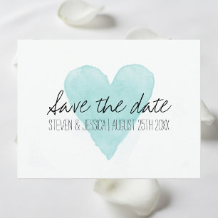 Turquoise watercolor heart save the date postcards
