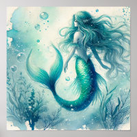 Turquoise Watercolor Mermaid Wall Art Posters