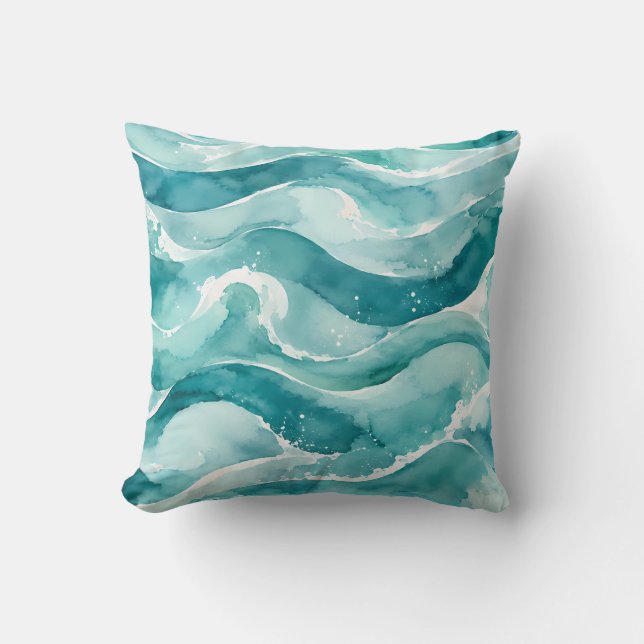 Turquoise Watercolor Ocean Abstract Waves  Throw Pillow (Front)