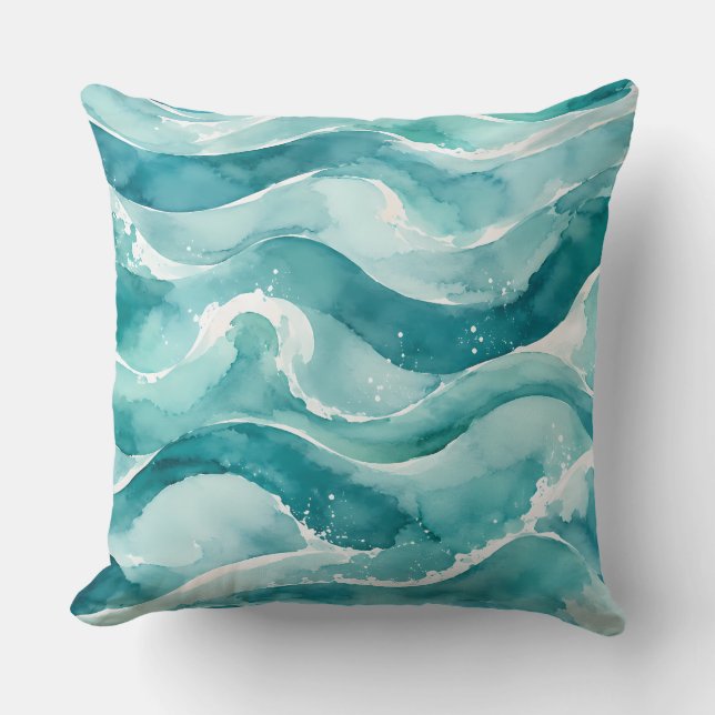 Turquoise Watercolor Ocean Waves Abstract Throw Pillow (Front)