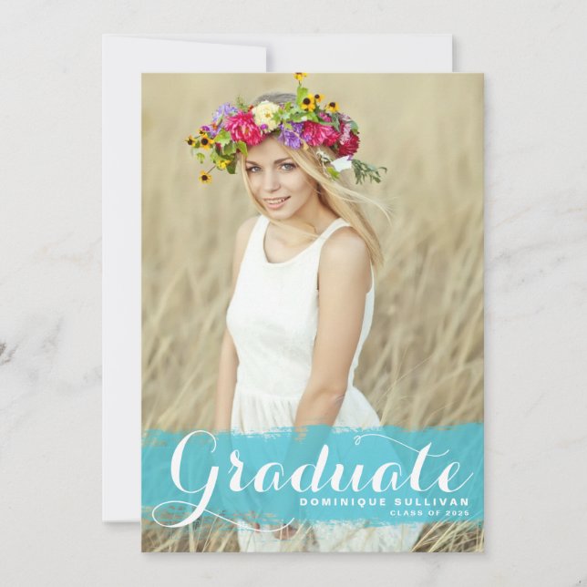 Turquoise Watercolor Overlay Photo Graduation Invitation (Front)