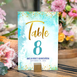 Turquoise Watercolor Quinceañera Gold Script Girly Table Number