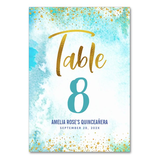 Turquoise Watercolor Quinceañera Gold Script Girly Table Number (Front)