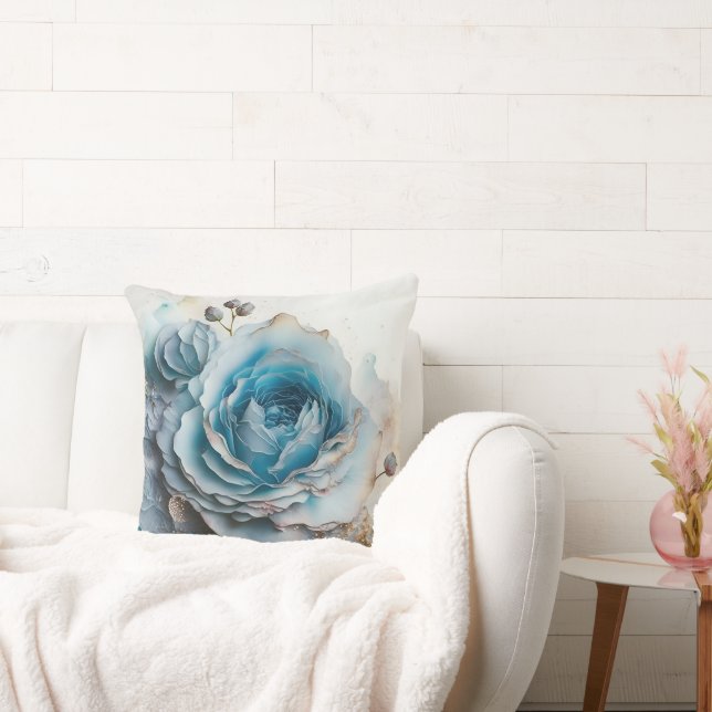 Turquoise Watercolor Rose Enlarged Throw Pillow (Couch)