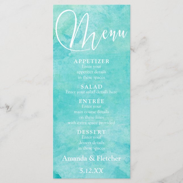 Turquoise Watercolor Typography Wedding Menu 2 (Front)