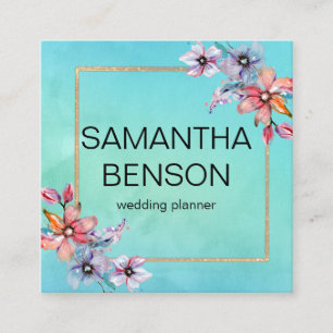 Turquoise Watercolor Wedding Planner Square Busine Business Card
