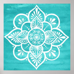Turquoise Watercolor White Mandala Poster