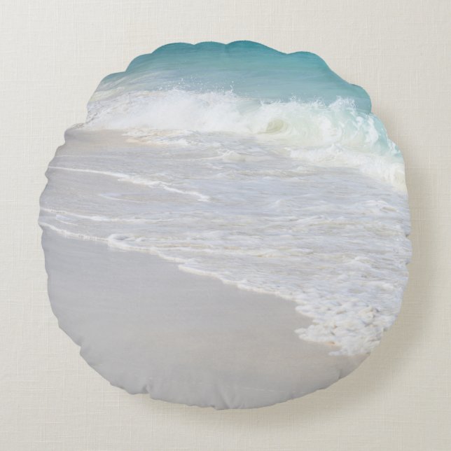Turquoise Waves on White Sand 1 Round Pillow (Front)