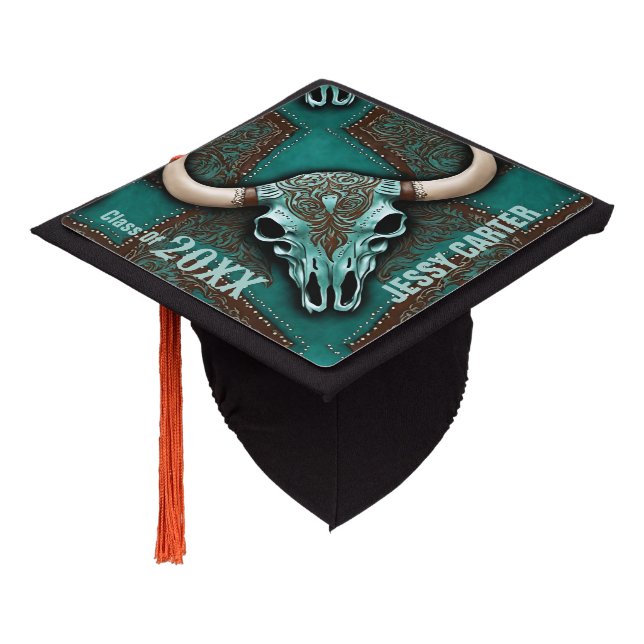 Turquoise Western Country Bull Skull Personalized Graduation Cap Topper (Angled)