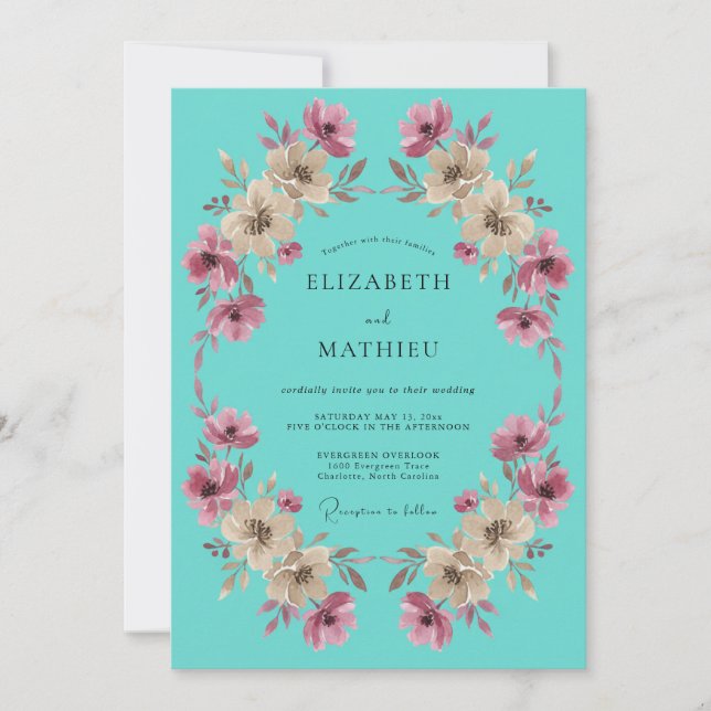 Turquoise Whimsical Botanical Wedding Invitation (Front)