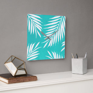 Turquoise White Acrylic Palm Leaves Square Wall Clock