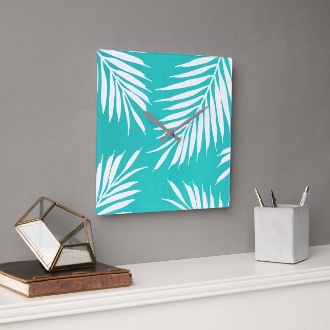 Turquoise White Acrylic Palm Leaves  Square Wall Clock (Office)
