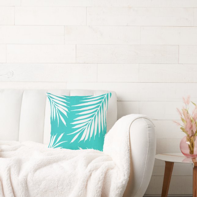 Turquoise White Acrylic Palm Leaves Throw Pillow (Couch)