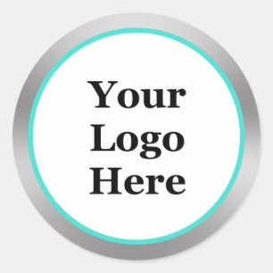 Turquoise White and Silver Your Logo Here Template Classic Round Sticker