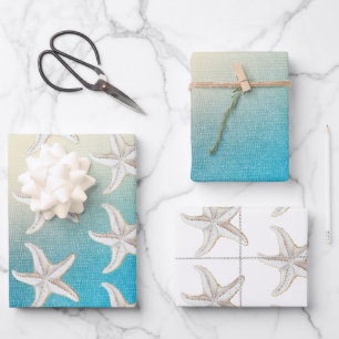 Turquoise White Aqua Blue Beach White Starfish Wrapping Paper Sheet