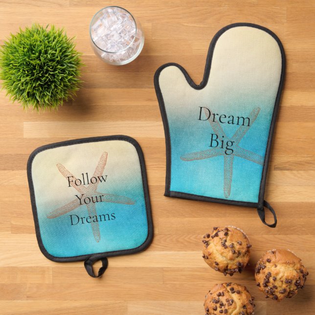 Turquoise White Aqua Blue Starfish Beach Oven Mitt & Pot Holder Set (Top Down)