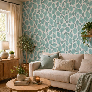 Turquoise White Basil Leaves Leaf Pattern Wallpaper