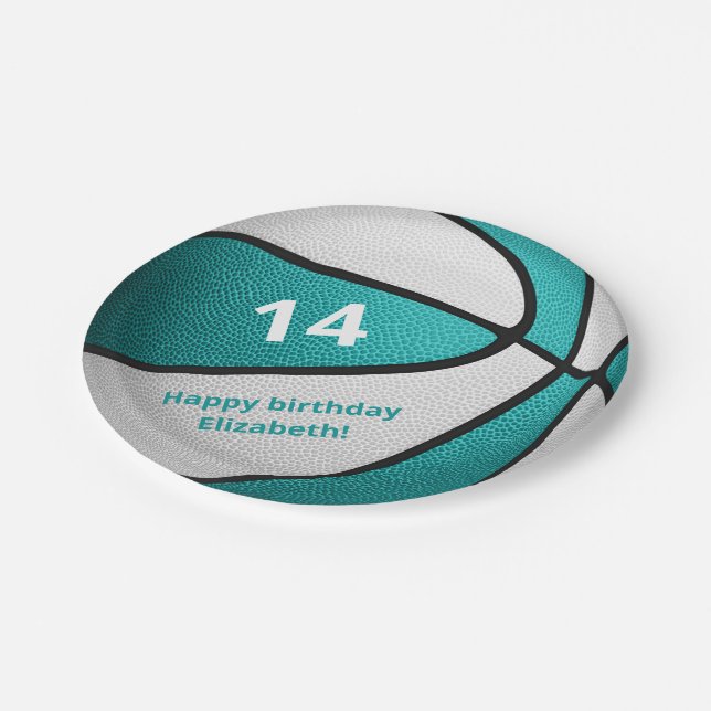 turquoise white basketball birthday party paper plate (Angled)