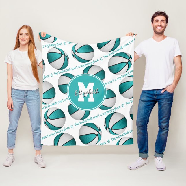 turquoise white basketball court my happy place  fleece blanket (In Situ)