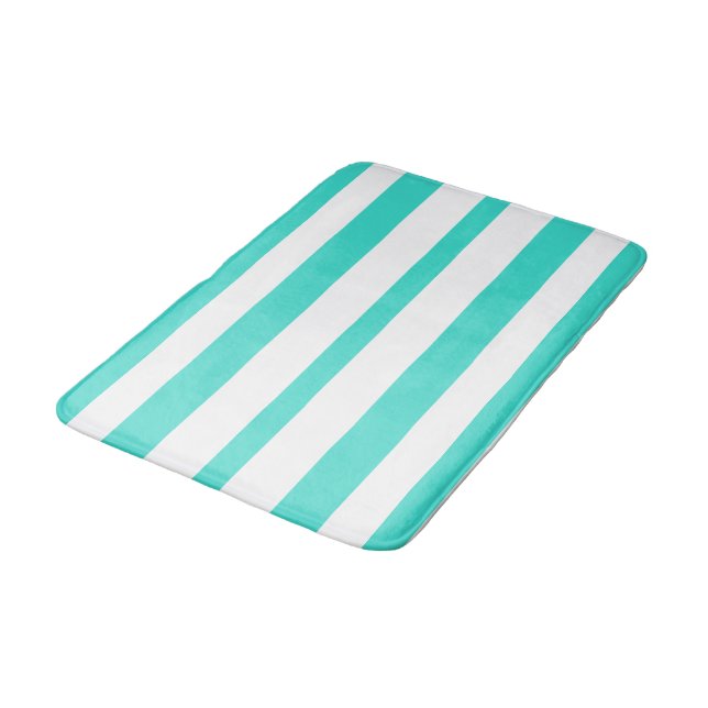 Turquoise White Beachy Summer Stripes Bath Mat (Angled)
