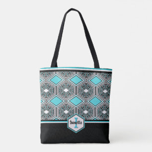 Turquoise, White & Black Tribal Tapestry Tote Bag