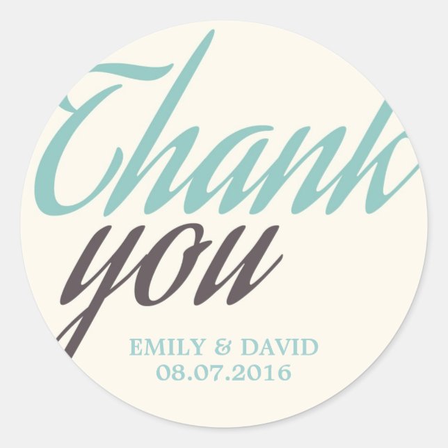 Turquoise White Calligraphy Thank You Stickers (Front)
