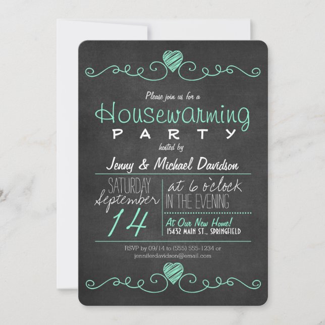 Turquoise & White Chalkboard Housewarming Party Invitation (Front)