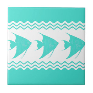 Turquoise White Coastal Angelfish Stripes Tile