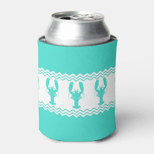 Turquoise White Coastal Lobster Stripes Can Cooler