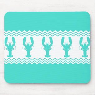 Turquoise White Coastal Lobster Stripes Mouse Pad