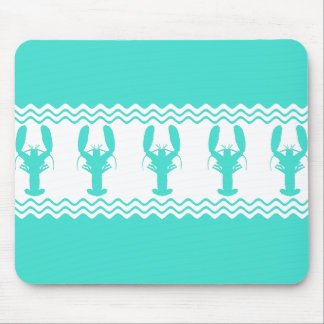 Turquoise White Coastal Lobster Stripes Mouse Pad