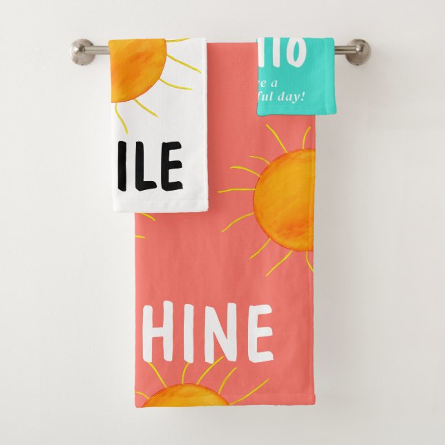 Turquoise White Coral Sunshine Typography Bath Towel Set (Insitu)