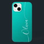 Turquoise White Elegant Calligraphy Script Name Case-Mate iPhone 14 Case<br><div class="desc">Turquoise Shimmer White Elegant Calligraphy Script Custom Personalized Name iPhone 14 Smart Phone Cases features a modern and trendy simple and stylish design with your personalized name in elegant hand written calligraphy script typography on a metallic turquoise shimmer background. Designed by ©Evco Studio www.zazzle.com/store/evcostudio</div>
