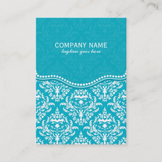 Turquoise & White Floral Damasks Pattern Business Card (Front)