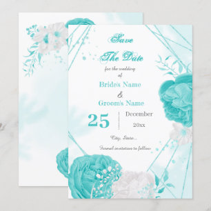 turquoise white floral geometric save the date