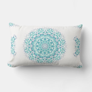 Turquoise White Floral Mandala Geometric Pattern Outdoor Pillow