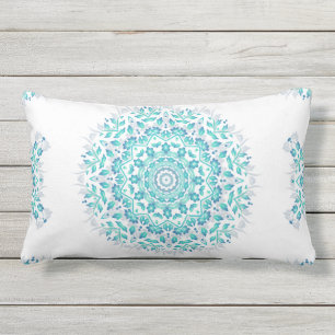 Turquoise White Floral Mandala Geometric Pattern Outdoor Pillow