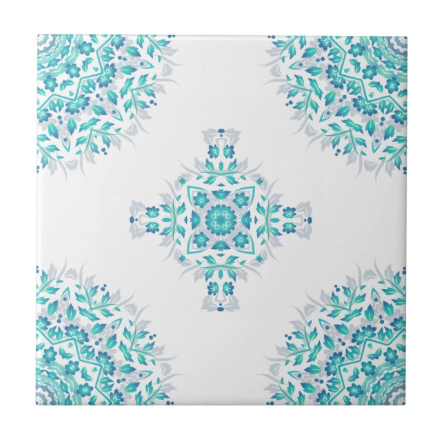 Turquoise White Floral Mandala Geometric Pattern Tile (Front)
