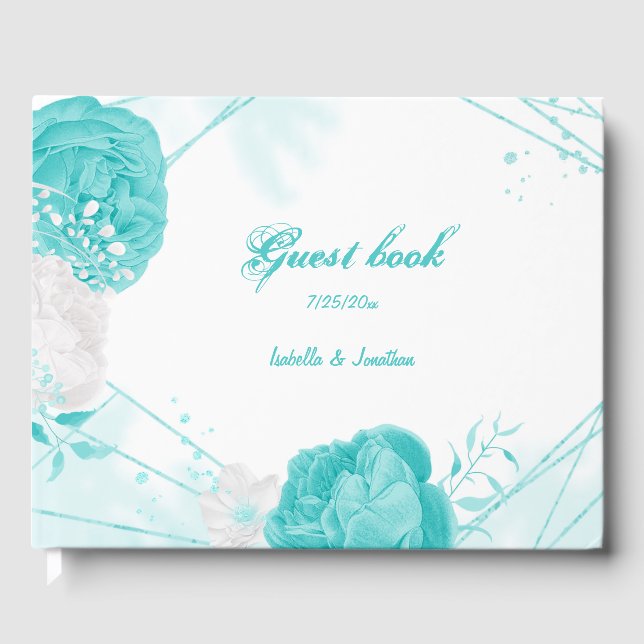 turquoise white floral wedding  guest book (Front)