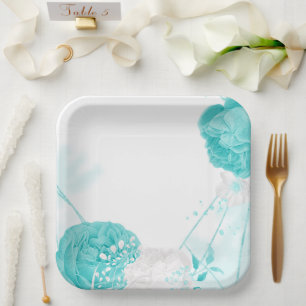 turquoise white floral wedding paper plate