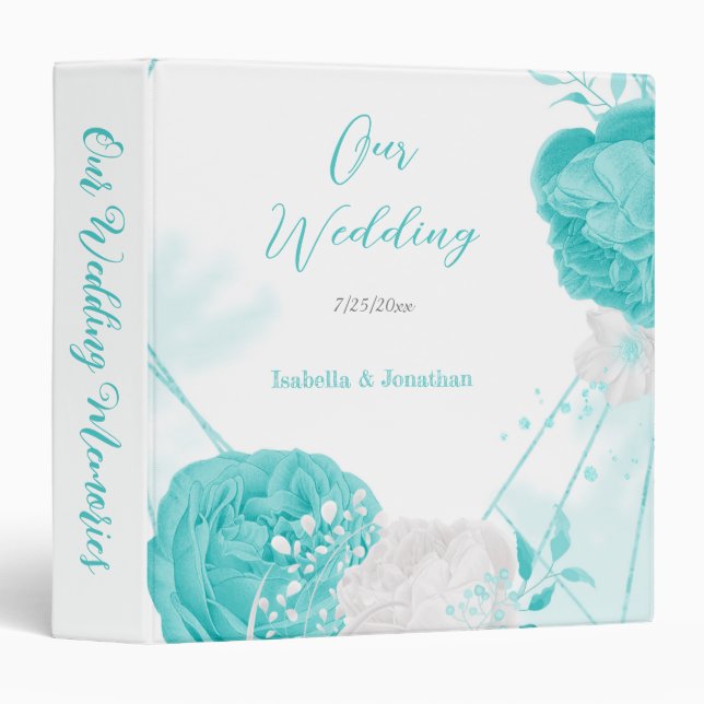 turquoise white floral wedding photo album binder (Front/Spine)